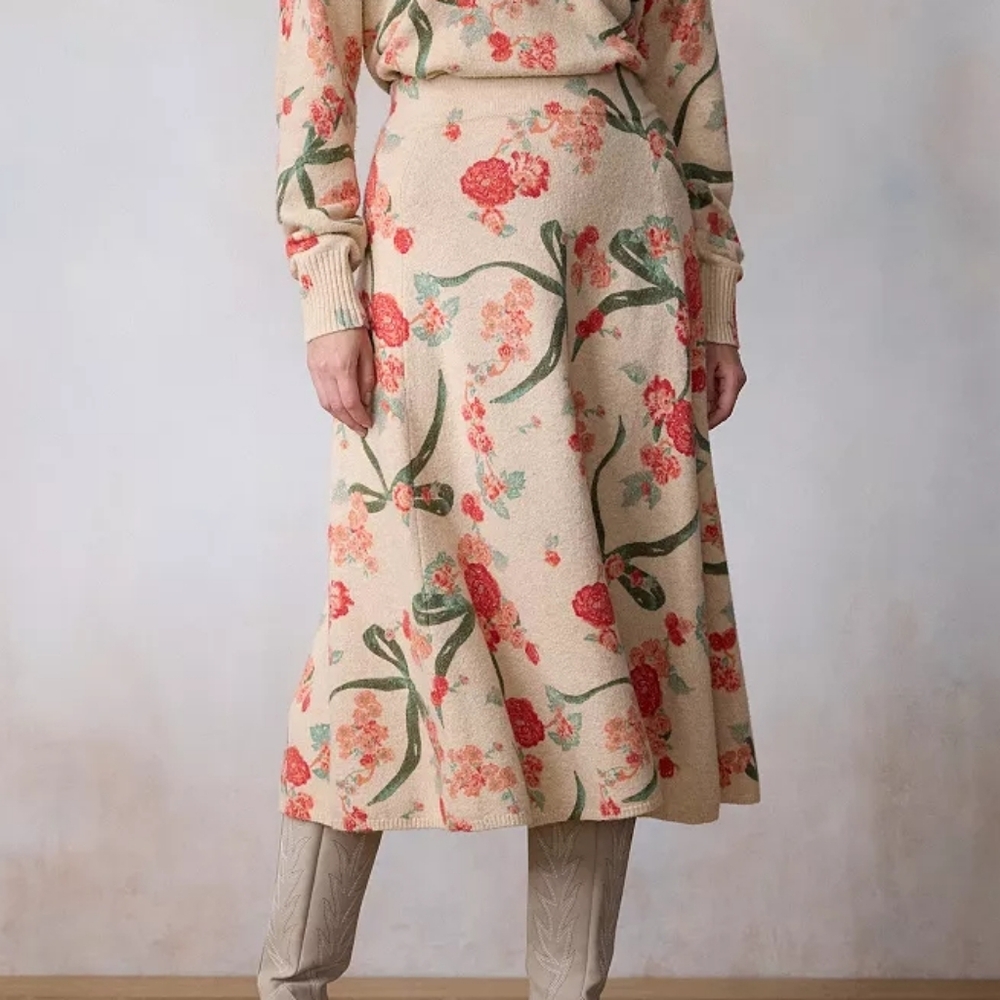 LC Lauren Conrad Cream Midi Skirt with Red Floral Print